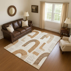 HomeRoots 5' X 8' Stylish Ivory Khaki Beige Geometric Area Rug – UV Protected, Stain-Resistant & Easy Care! 697532