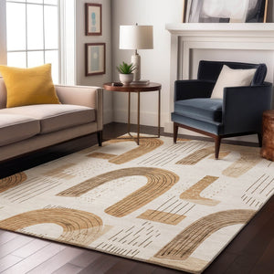 HomeRoots 5' X 8' Stylish Ivory Khaki Beige Geometric Area Rug – UV Protected, Stain-Resistant & Easy Care! 697532