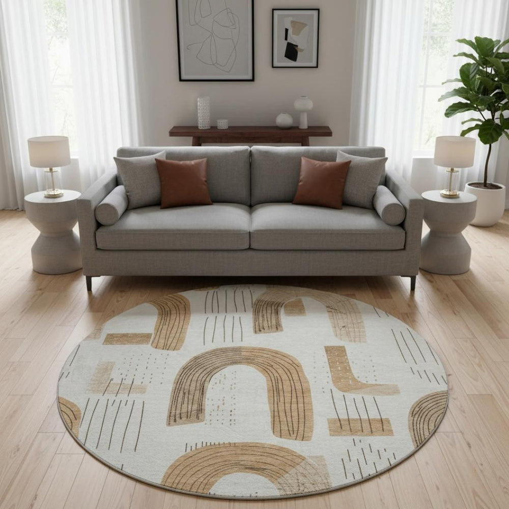 HomeRoots 8' Stylish Ivory Khaki Geometric Washable Round Rug - UV Protected, Kid & Pet Friendly Durability! 697533