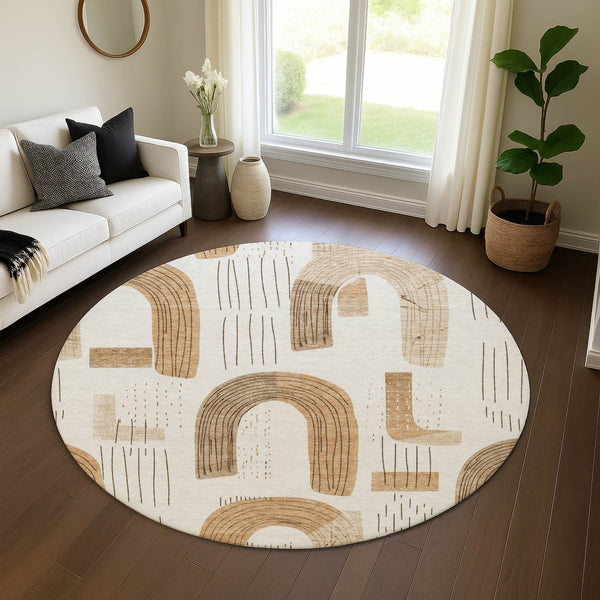 HomeRoots 8' Stylish Ivory Khaki Geometric Washable Round Rug - UV Protected, Kid & Pet Friendly Durability! 697533