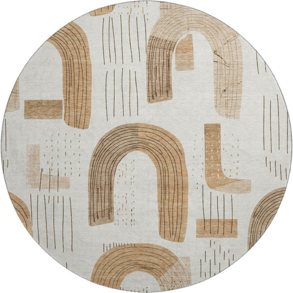 HomeRoots 8' Stylish Ivory Khaki Geometric Washable Round Rug - UV Protected, Kid & Pet Friendly Durability! 697533