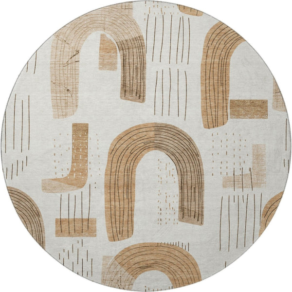 HomeRoots 8' Stylish Ivory Khaki Geometric Washable Round Rug - UV Protected, Kid & Pet Friendly Durability! 697533