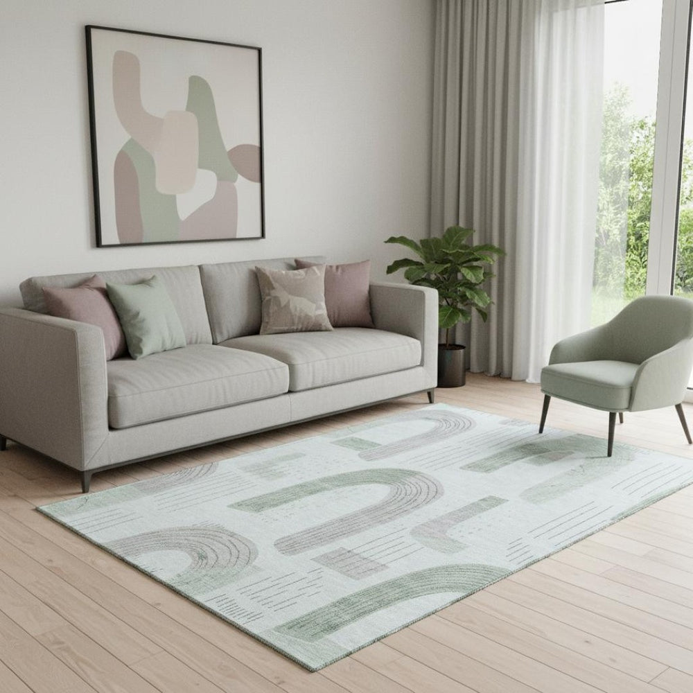 HomeRoots 5' X 8' Washable Mint Green, Gray & Ivory Geometric Area Rug with UV Protection - Durable & Soft! 697538