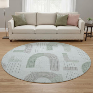 HomeRoots 8' Stylish Mint Green, Gray & Ivory Geometric Round Rug - Washable, UV Protected & Stain Resistant! 697539