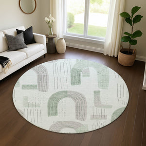 HomeRoots 8' Stylish Mint Green, Gray & Ivory Geometric Round Rug - Washable, UV Protected & Stain Resistant! 697539