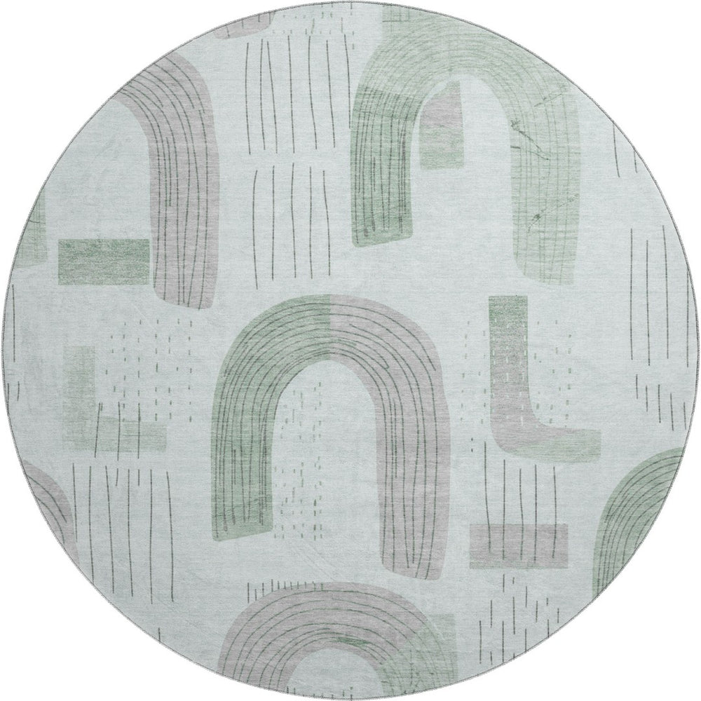 HomeRoots 8' Stylish Mint Green, Gray & Ivory Geometric Round Rug - Washable, UV Protected & Stain Resistant! 697539