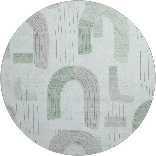 HomeRoots 8' Stylish Mint Green, Gray & Ivory Geometric Round Rug - Washable, UV Protected & Stain Resistant! 697539