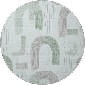 HomeRoots 8' Stylish Mint Green, Gray & Ivory Geometric Round Rug - Washable, UV Protected & Stain Resistant! 697539