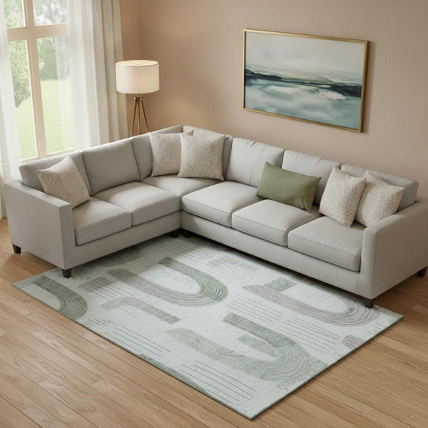 HomeRoots 10' X 14' Mint Green, Gray & Ivory Geometric Area Rug - Washable, UV-Protected, Non-Slip Design 697542