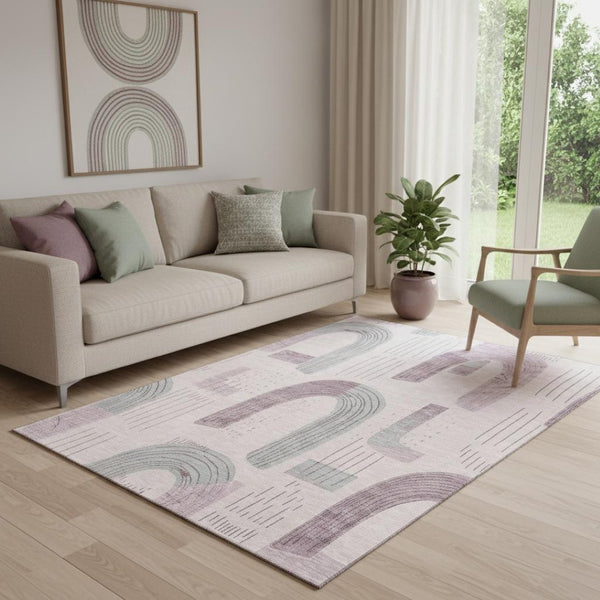HomeRoots 5' X 8' Pink Gray Silver Geometric Washable Area Rug with UV Protection for Modern Homes & Easy Care 697544