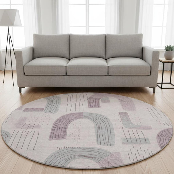 HomeRoots 8' Modern Pink, Gray & Silver Geometric Washable Round Rug - UV Protected, Durable & Kid-Friendly 697545