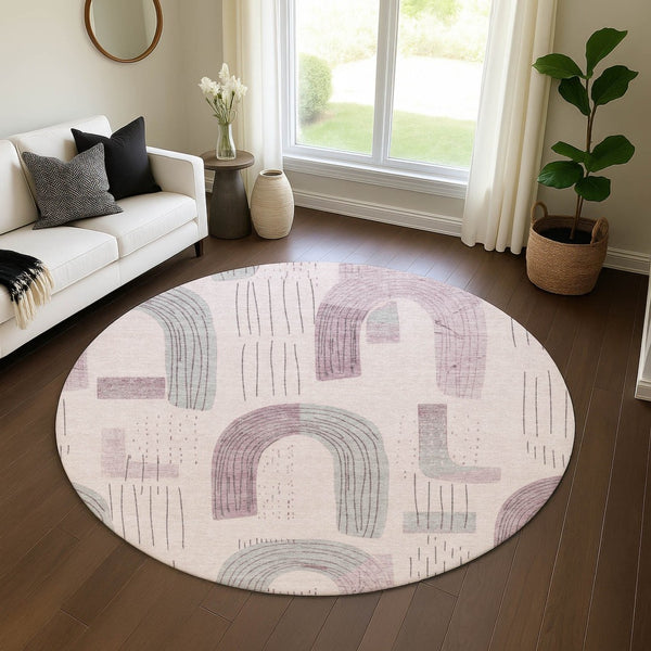 HomeRoots 8' Modern Pink, Gray & Silver Geometric Washable Round Rug - UV Protected, Durable & Kid-Friendly 697545