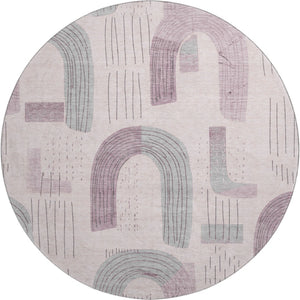 HomeRoots 8' Modern Pink, Gray & Silver Geometric Washable Round Rug - UV Protected, Durable & Kid-Friendly 697545