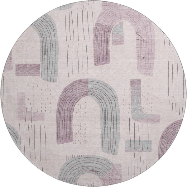 HomeRoots 8' Modern Pink, Gray & Silver Geometric Washable Round Rug - UV Protected, Durable & Kid-Friendly 697545