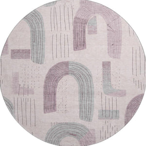HomeRoots 8' Modern Pink, Gray & Silver Geometric Washable Round Rug - UV Protected, Durable & Kid-Friendly 697545
