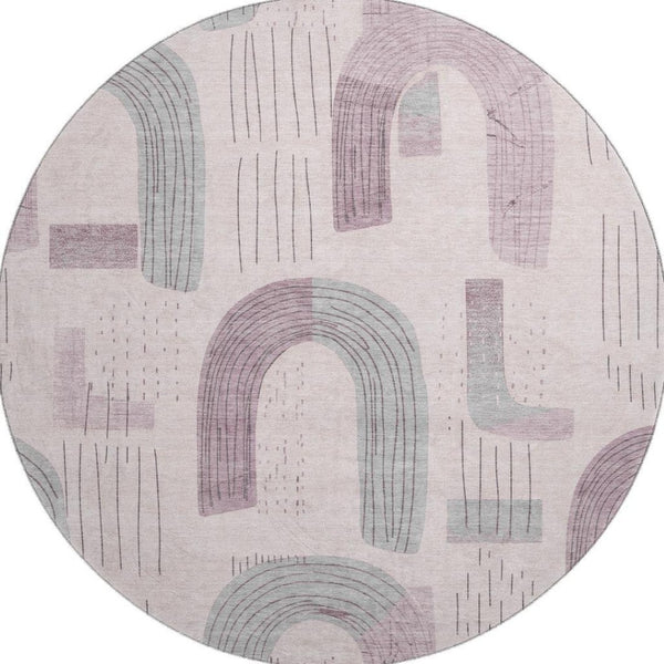 HomeRoots 8' Modern Pink, Gray & Silver Geometric Washable Round Rug - UV Protected, Durable & Kid-Friendly 697545