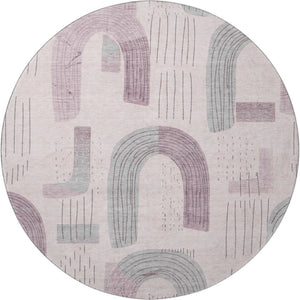 HomeRoots 8' Modern Pink, Gray & Silver Geometric Washable Round Rug - UV Protected, Durable & Kid-Friendly 697545