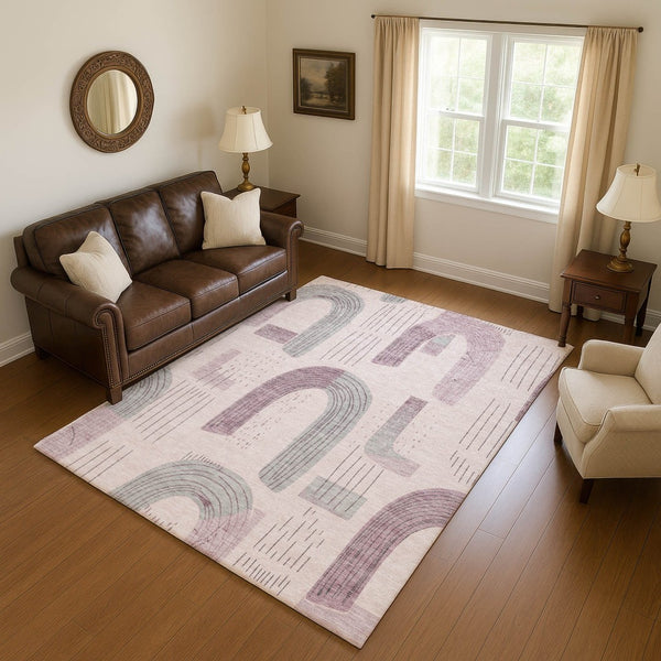 HomeRoots 8' X 10' Modern Pink Gray Silver Geometric Washable Area Rug, UV Protected for Busy Households 697546