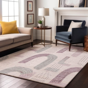HomeRoots 8' X 10' Modern Pink Gray Silver Geometric Washable Area Rug, UV Protected for Busy Households 697546