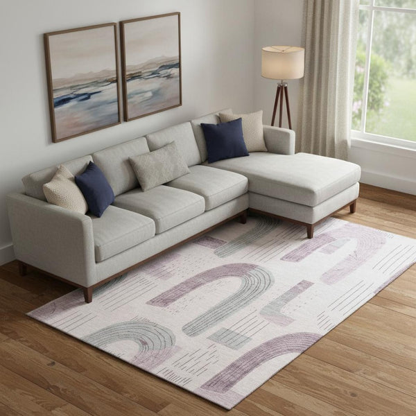 HomeRoots 10' X 14' Stylish Pink Gray Silver Geometric Area Rug - Washable, UV Protected & Family Friendly! 697548