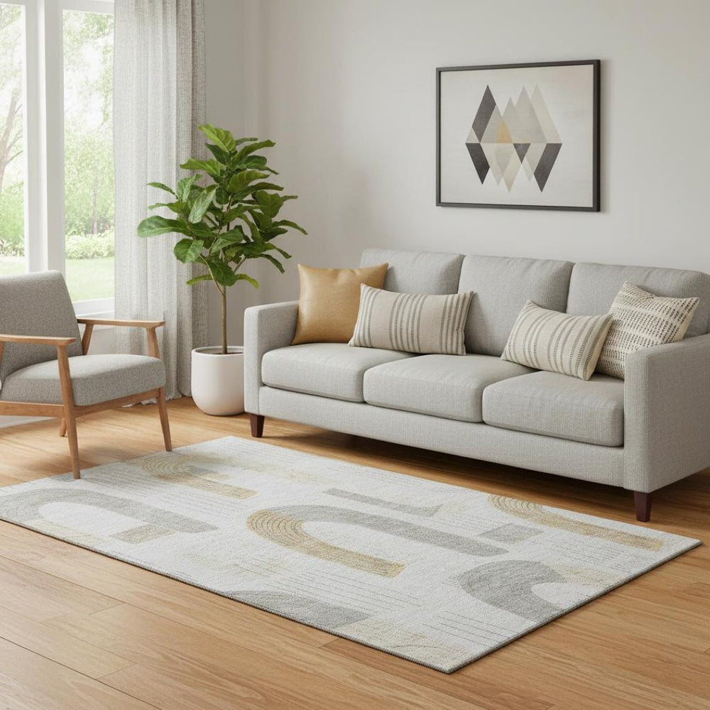 HomeRoots 5' X 8' Stylish Silver Gold Gray Geometric Area Rug - Washable, UV-Protected & Stain-Resistant! 697550