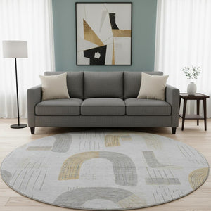 HomeRoots 8' Modern Geometric Washable Round Rug in Silver, Gold & Gray - UV Protected, Stain Resistant Design 697551