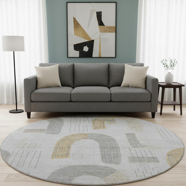 HomeRoots 8' Modern Geometric Washable Round Rug in Silver, Gold & Gray - UV Protected, Stain Resistant Design 697551