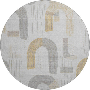 HomeRoots 8' Modern Geometric Washable Round Rug in Silver, Gold & Gray - UV Protected, Stain Resistant Design 697551