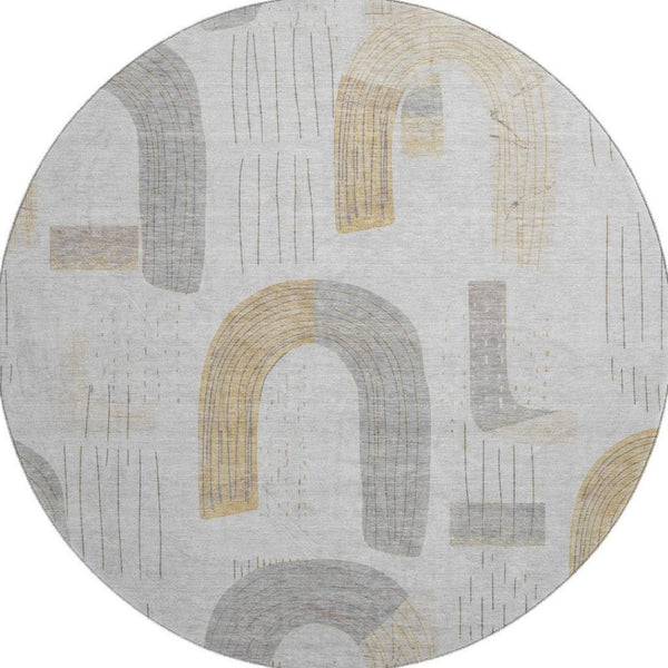 HomeRoots 8' Modern Geometric Washable Round Rug in Silver, Gold & Gray - UV Protected, Stain Resistant Design 697551