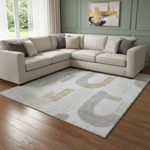 HomeRoots 8' X 10' Stylish Geometric Area Rug in Silver, Gold & Gray - Washable, Stain Resistant & UV Protected 697552