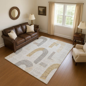 HomeRoots 8' X 10' Stylish Geometric Area Rug in Silver, Gold & Gray - Washable, Stain Resistant & UV Protected 697552