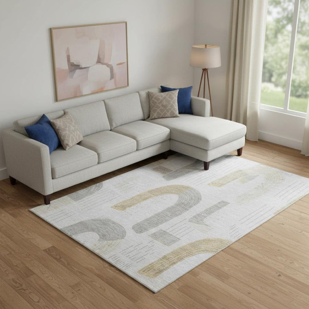 HomeRoots 9' X 12' Stylish Geometric Washable Area Rug in Silver, Gold & Gray – Durable, UV-Resistant Design 697553