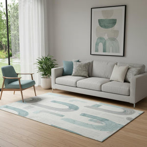HomeRoots 5' X 8' Teal Gray Silver Geometric Area Rug - Washable, UV Protected & Durable for Busy Homes 697556