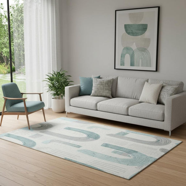 HomeRoots 5' X 8' Teal Gray Silver Geometric Area Rug - Washable, UV Protected & Durable for Busy Homes 697556