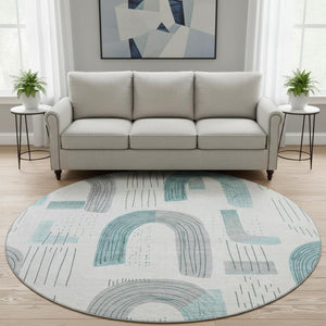 HomeRoots 8' Teal Gray and Silver Geometric Washable Round Rug – UV Protected, Stain Resistant, Family-Friendly! 697557