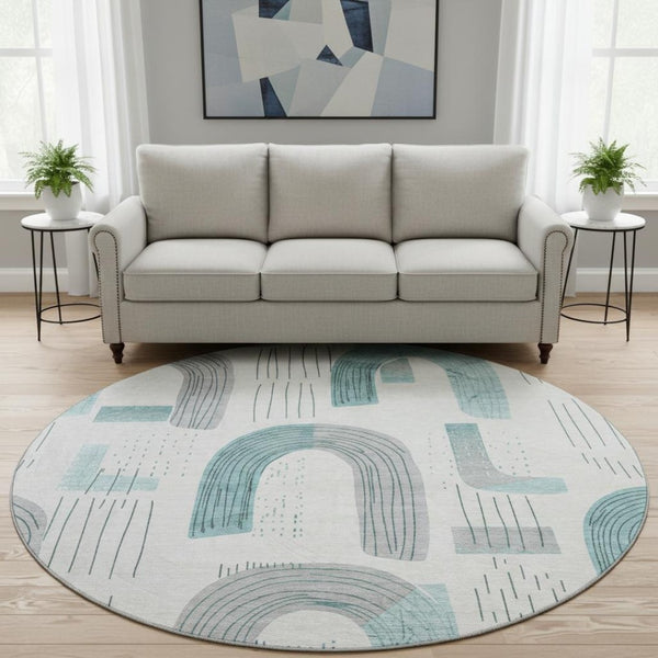 HomeRoots 8' Teal Gray and Silver Geometric Washable Round Rug – UV Protected, Stain Resistant, Family-Friendly! 697557