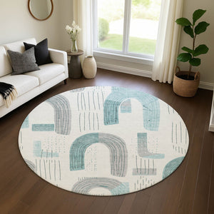 HomeRoots 8' Teal Gray and Silver Geometric Washable Round Rug – UV Protected, Stain Resistant, Family-Friendly! 697557