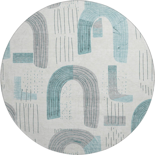 HomeRoots 8' Teal Gray and Silver Geometric Washable Round Rug – UV Protected, Stain Resistant, Family-Friendly! 697557