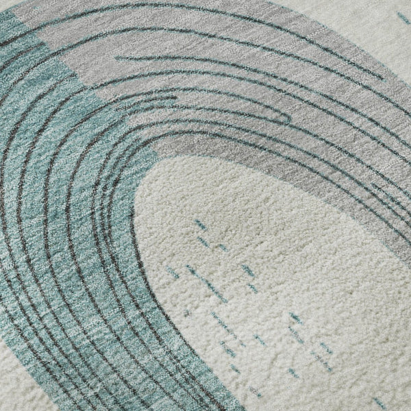 HomeRoots 8' Teal Gray and Silver Geometric Washable Round Rug – UV Protected, Stain Resistant, Family-Friendly! 697557
