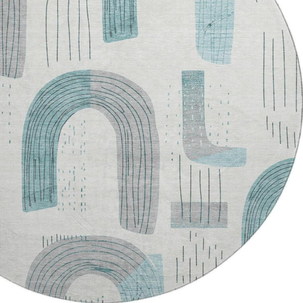 HomeRoots 8' Teal Gray and Silver Geometric Washable Round Rug – UV Protected, Stain Resistant, Family-Friendly! 697557