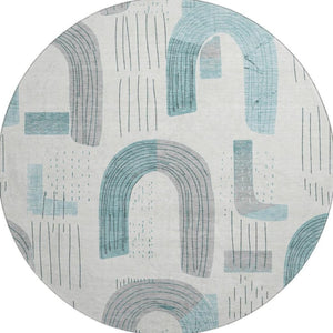 HomeRoots 8' Teal Gray and Silver Geometric Washable Round Rug – UV Protected, Stain Resistant, Family-Friendly! 697557