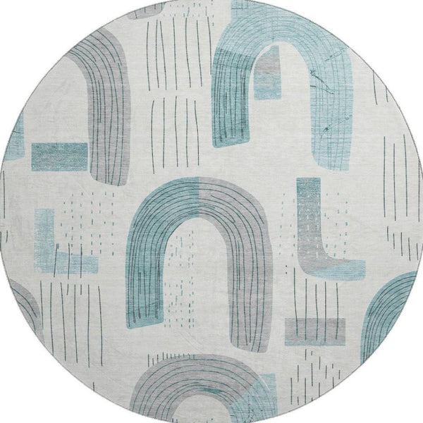 HomeRoots 8' Teal Gray and Silver Geometric Washable Round Rug – UV Protected, Stain Resistant, Family-Friendly! 697557