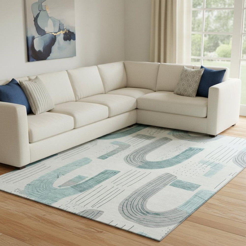 HomeRoots 8' X 10' Stylish Teal Gray Silver Geometric Area Rug - Washable, UV Protected, Perfect for Homes! 697558