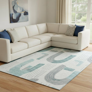 HomeRoots 8' X 10' Stylish Teal Gray Silver Geometric Area Rug - Washable, UV Protected, Perfect for Homes! 697558