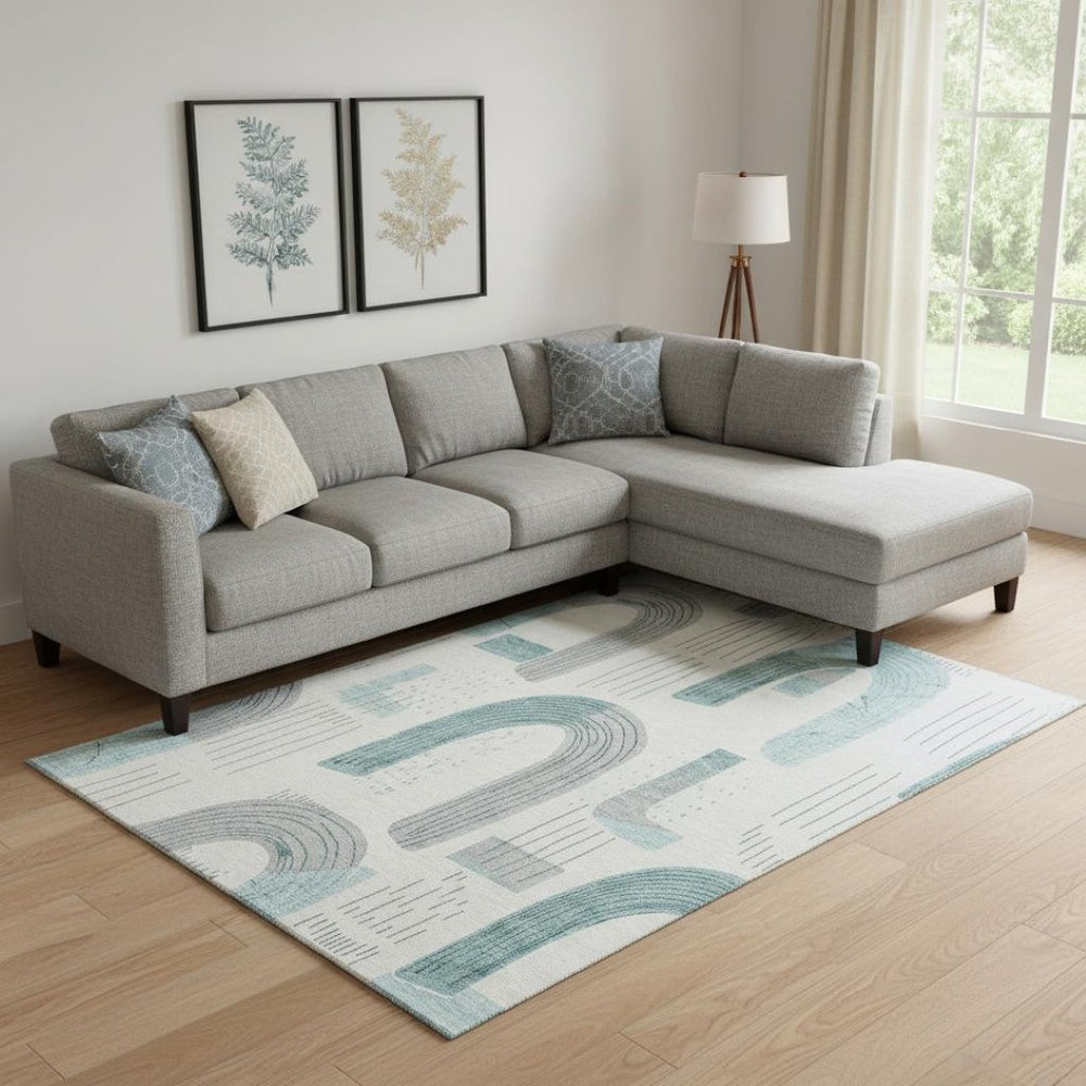 HomeRoots 9' X 12' Teal Gray Silver Geometric Washable Rug - Durable, Stylish, UV Protected for High-Traffic Areas 697559