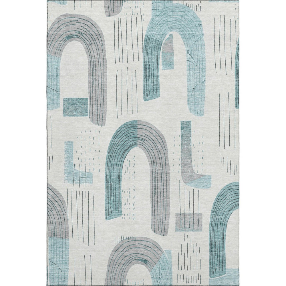 HomeRoots 9' X 12' Teal Gray Silver Geometric Washable Rug - Durable, Stylish, UV Protected for High-Traffic Areas 697559