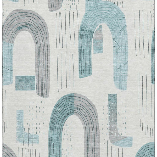 HomeRoots 9' X 12' Teal Gray Silver Geometric Washable Rug - Durable, Stylish, UV Protected for High-Traffic Areas 697559