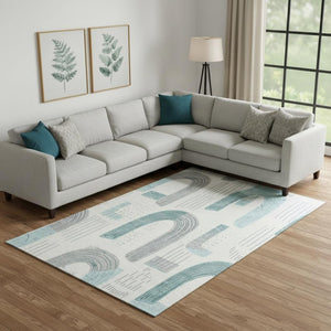 HomeRoots 10' X 14' Teal Gray Silver Geometric Area Rug - Washable, UV Protected & Pet-Friendly Design! 697560