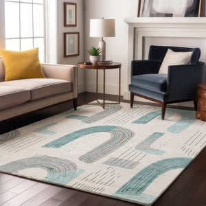HomeRoots 10' X 14' Teal Gray Silver Geometric Area Rug - Washable, UV Protected & Pet-Friendly Design! 697560