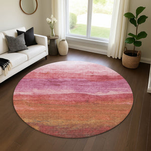 HomeRoots 8' Blush Rust and Red Striped Round Rug - Washable, UV-Protected, Stylish & Durable for Any Space 697563